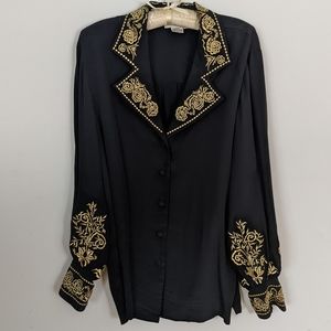 Diane Von Furstenburg Oversized 100% Silk Blouse with Gold Embroidery VTG